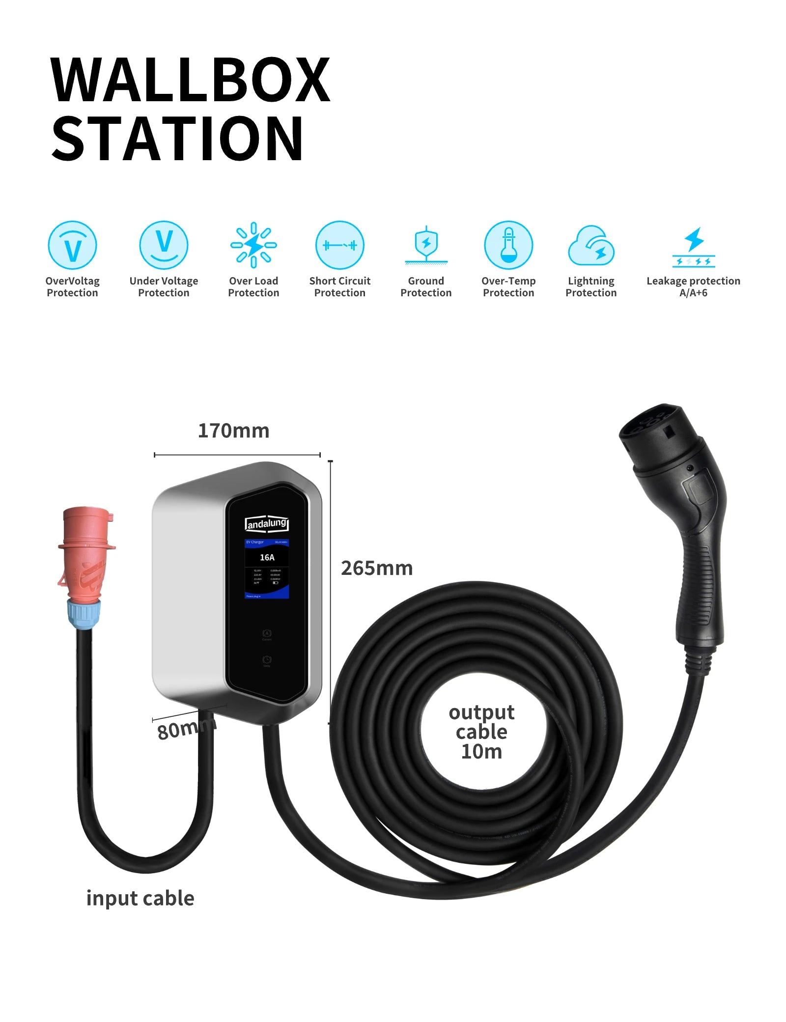 Hier wird die silberne Andalung 11kW Wallbox für Elektrofahrzeuge gezeigt. Das Hauptboard misst 265mm x 170mm x 80mm und ist mit einem 10m langen Ausgangskabel sowie einem Eingangskabel ausgestattet. Die Wallbox bietet Überspannungs-, Unterspannungs-, Überlastschutz, Kurzschluss-, Erdungs- und Fehlerstromschutz, um einen sicheren und stabilen Ladevorgang zu gewährleisten.