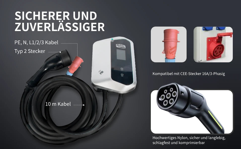 Vor einem schwarzen Hintergrund wird die Andalung 11kW Wallbox-Ladestation präsentiert. Sie verfügt über PE, N, L1/2/3 Kabel, einen TYPE 2 Stecker und ein 10 Meter langes Kabel, kompatibel mit CEE 16A/3-Phasen-Steckdosen. Die Wallbox besteht aus hochwertigem Nylon, ist schlagfest, komprimierbar und äußerst langlebig. Mit 10 Metern reinem Kupferkabel und einem robusten Gehäuse bietet sie maximale Sicherheit und Langlebigkeit.