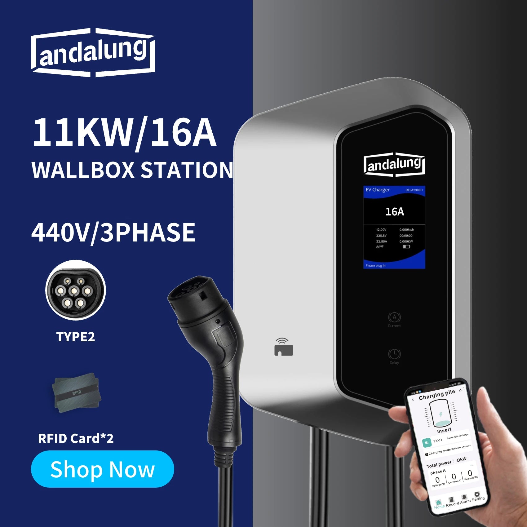 Vor einem Blau-Silber-Hintergrund zeigt ein Benutzer, wie er mit seinem Smartphone die 11kW silberne Andalung Wallbox-Ladestation steuert. Sie unterstützt 440V/3-Phasen-Strom, hat einen TYPE2-Stecker und kommt mit zwei RFID-Karten für eine bequeme, effiziente Ladeerfahrung.