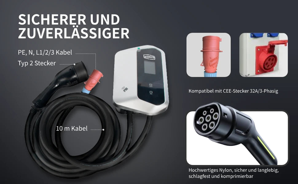 Vor einem schwarzen Hintergrund wird die Andalung 22kW Wallbox-Ladestation zusammen mit allen Zubehörteilen präsentiert. Sie verfügt über PE, N, L1/2/3 Kabel, einen TYPE 2-Stecker, ein 10 Meter langes Kabel und ist kompatibel mit 32A/3-Phasen CEE-Steckdosen. Das hochwertige Nylonmaterial ist schlagfest, komprimierbar und langlebig. Mit 10 Metern reinem Kupferkabel und einem robusten Gehäuse sorgt die Wallbox für maximale Sicherheit und Langlebigkeit.