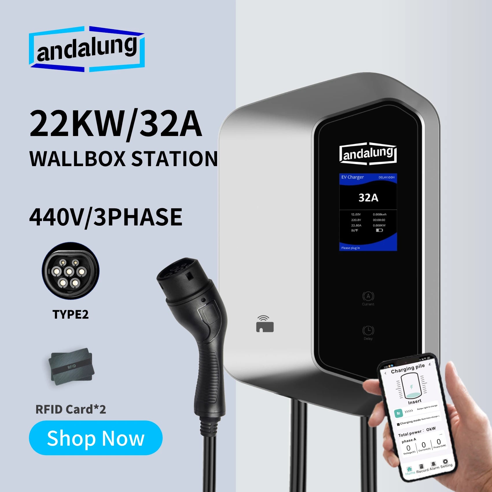 Vor einem weißen Hintergrund steuert ein Benutzer die silberne Andalung 22kW Wallbox-Ladestation per App. Mit 22KW Leistung, 440V/3-Phasen-Strom, TYPE2-Stecker und 2 RFID-Karten bietet sie eine effiziente und bequeme Ladeerfahrung.