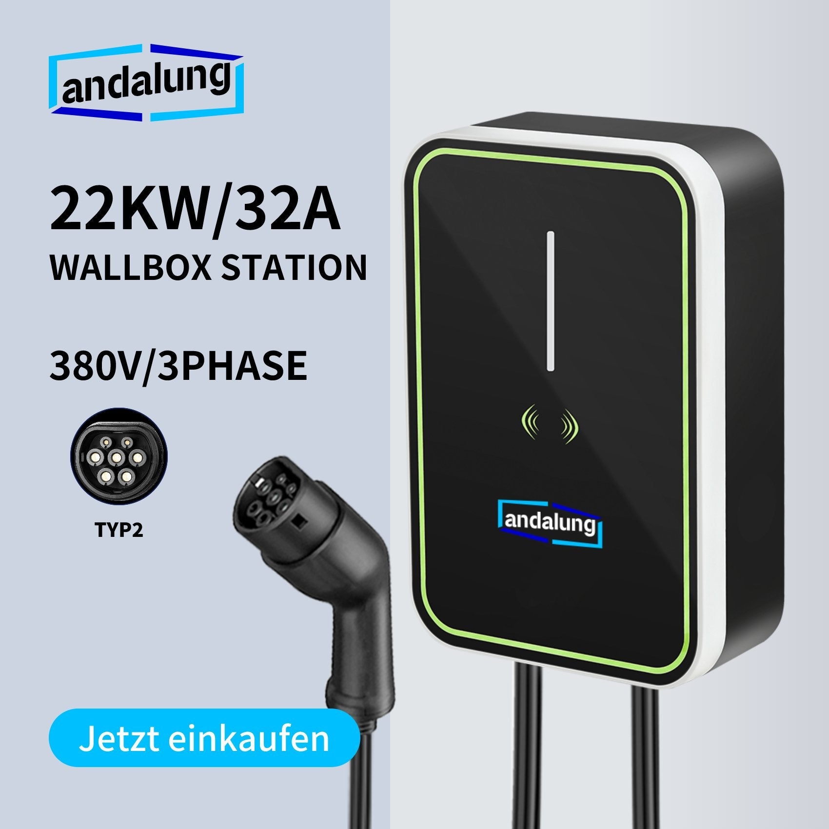 Vor einem weißen Hintergrund wird die schwarze Andalung 22kW Wallbox-Ladestation präsentiert. Sie bietet 22KW Leistung, 32A Strom, 380V/3-Phasen-Strom und einen TYPE2-Stecker für eine effiziente Ladeerfahrung.