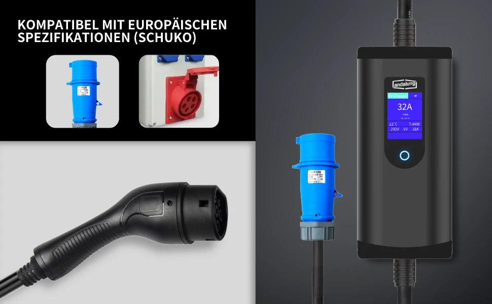 Das schwarze 7kW tragbare EV-Ladegerät von Andalung ist kompatibel mit europäischen Spezifikationen (Schuko). Es unterstützt Schuko-Stecker und ist vielseitig für verschiedene Haushaltsgeräte geeignet, um Ihnen eine effiziente und bequeme Ladeerfahrung zu bieten.