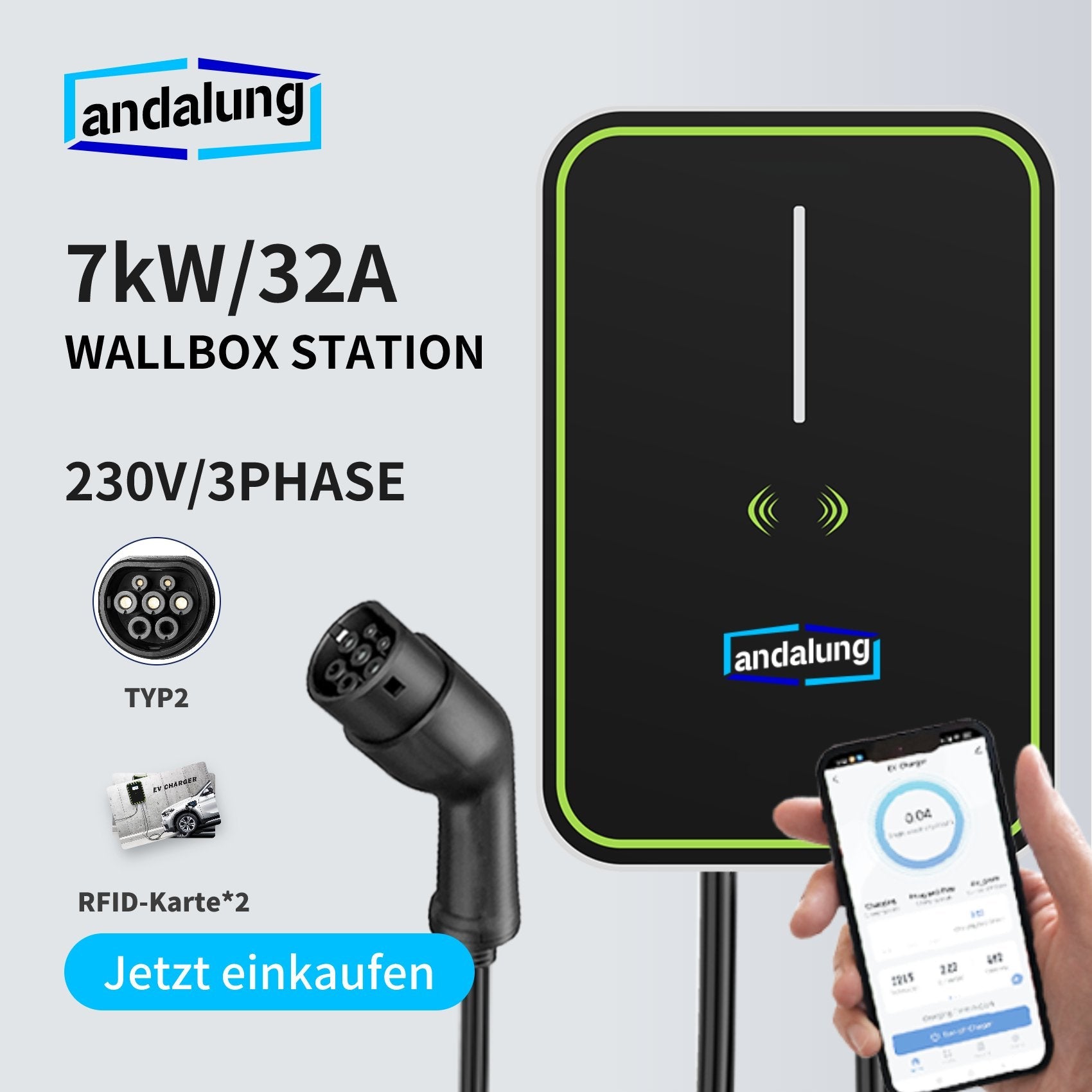 Vor einem weißen Hintergrund steuert ein Benutzer mit seinem Smartphone die schwarze Andalung 7kW Wallbox-Ladestation. Sie bietet 7kW Leistung, 32A, 230V/3-Phasen-Strom, einen TYPE2-Stecker und wird mit 2 RFID-Karten geliefert für eine einfache und sichere Ladeerfahrung.