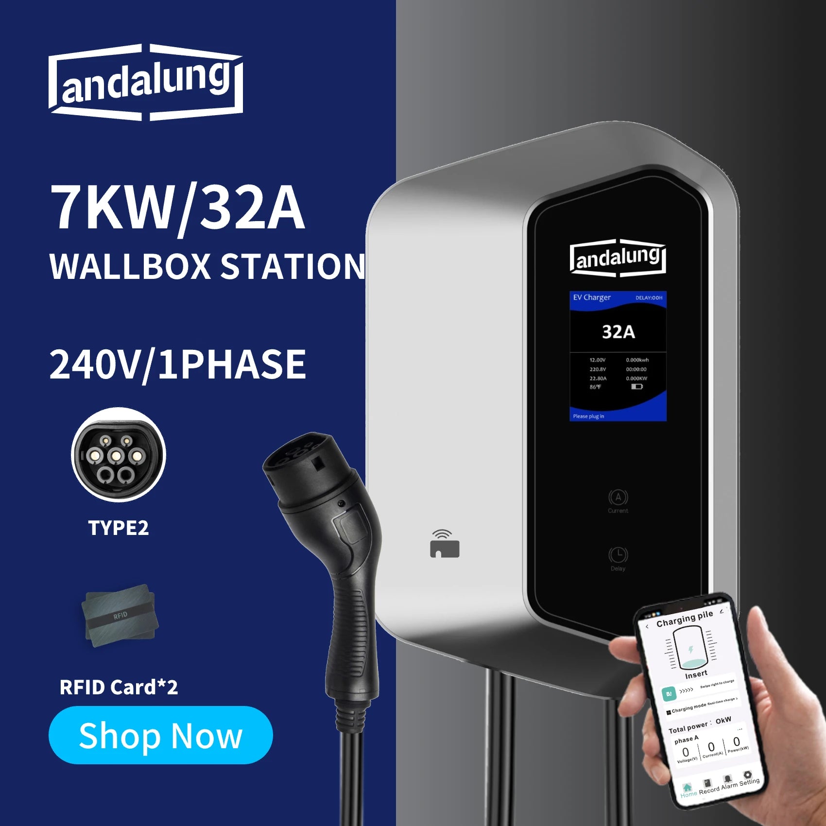 Vor einem blauen und silbernen Hintergrund steuert ein Benutzer mit seinem Smartphone die silberne Andalung 7kW Wallbox-Ladestation. Sie bietet 240V/1-Phasen-Strom, einen TYPE2-Stecker und wird mit 2 RFID-Karten geliefert, um eine benutzerfreundliche und sichere Ladeerfahrung zu gewährleisten.