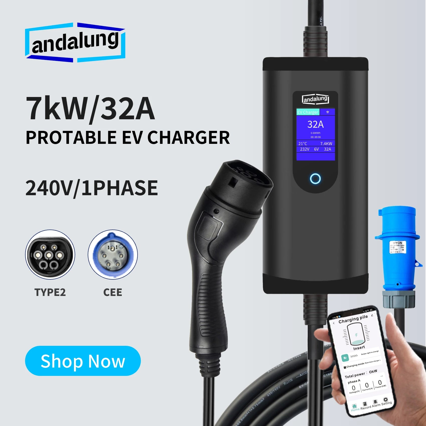 Vor einem weißen Hintergrund wird der schwarze 7kW tragbare EV-Ladegerät von Andalung mit TYPE2 CEE-Stecker und 240V/Einphasen-Stromversorgung präsentiert. Mit der mobilen App-Steuerung bietet es intelligente Handhabung und effizientes Laden, um Ihre Bedürfnisse mühelos zu erfüllen.