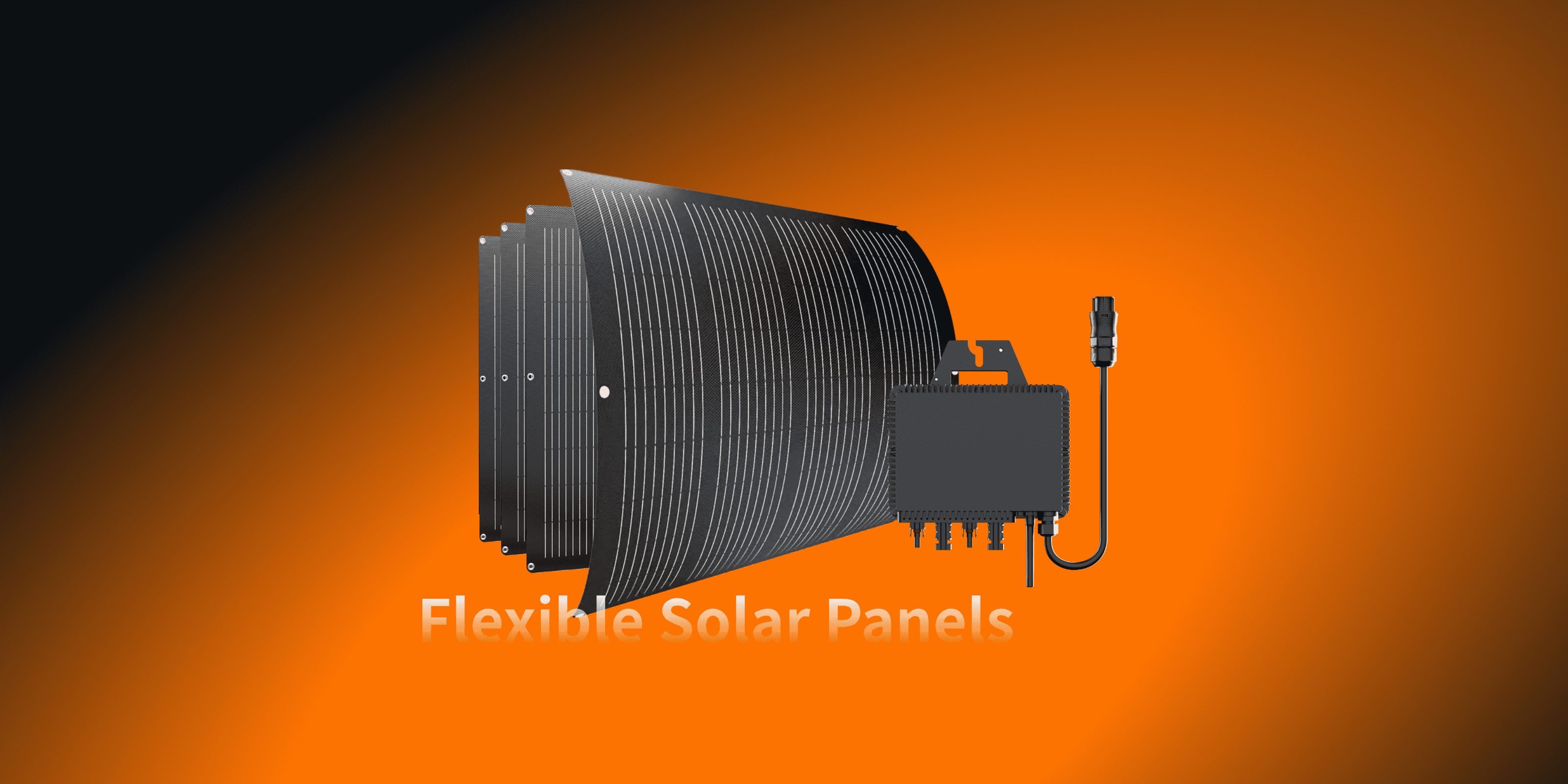 Vor einem lebendigen orangefarbenen Verlaufshintergrund sind schwarze flexible Photovoltaik-Panels und ein schwarzer Photovoltaik-Wechselrichter perfekt inszeniert. Dieses Solarsystem speichert Solarenergie effizient und bietet eine nachhaltige Lösung für Energieeinsparung und Emissionsreduzierung im Alltag.