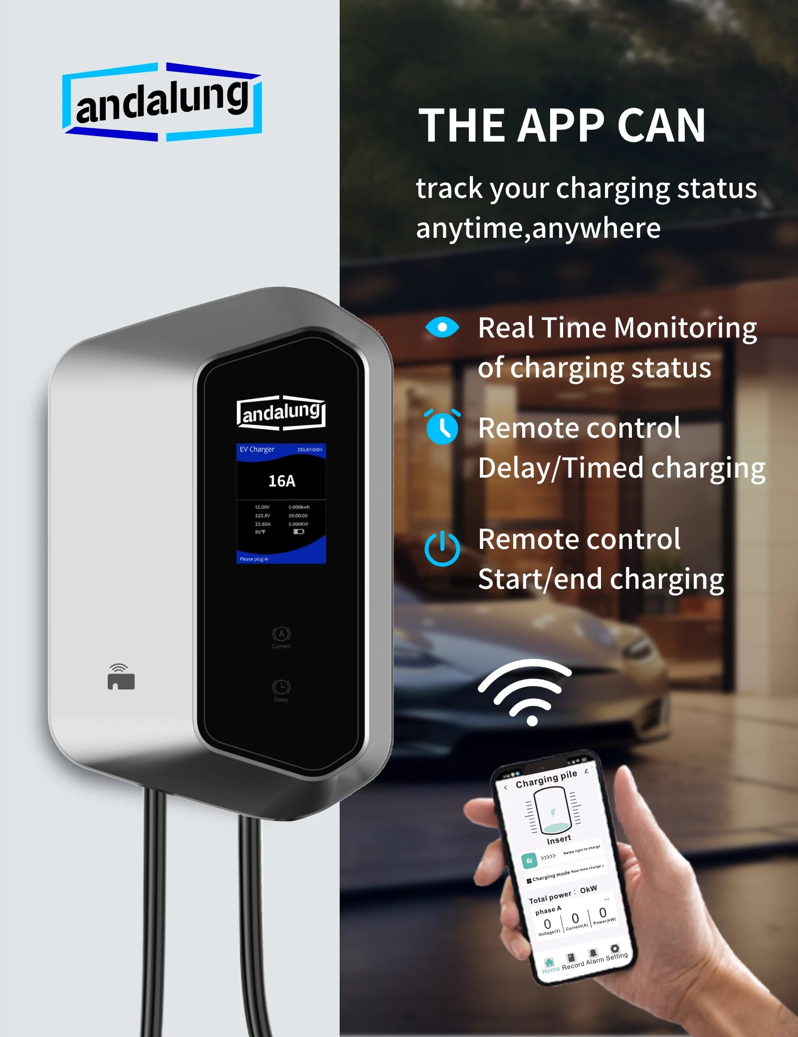Hier zeigt ein Benutzer, wie er die Andalung 11kW Wallbox über eine mobile App mit Wi-Fi verbindet und steuert. Mit der App können Benutzer jederzeit und überall den Ladezustand überwachen, die Echtzeit-Überwachung des Ladevorgangs verfolgen und das Laden per Fernsteuerung verzögern, planen und starten/beenden.