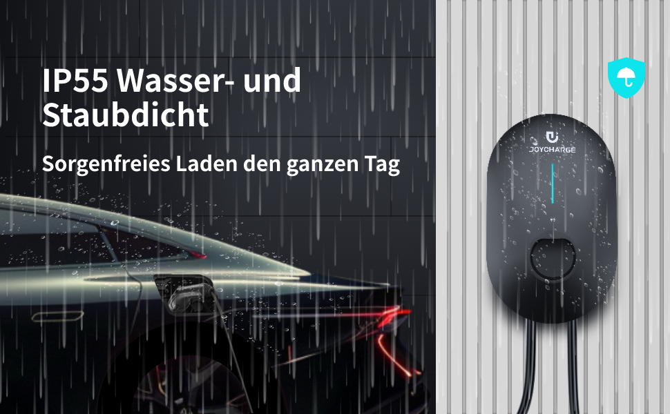 Bei starkem Regen lädt eine schwarze Joycharge 11kW Wallbox ein Elektroauto. Trotz des Regens bleibt die Ladebox effizient, dank IP55 Schutzklasse, die wasser- und staubdicht ist. Sie bietet zuverlässiges Laden bei verschiedenen Wetterbedingungen.