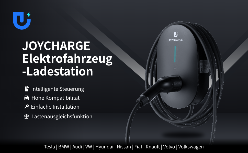 Vor einem schwarzen Hintergrund wird eine schwarze Joycharge 11kW Wallbox präsentiert. Sie bietet intelligente Steuerung, hohe Kompatibilität und einfache Installation. Mit der Lastenausgleichsfunktion ist sie kompatibel mit Tesla, BMW, Audi, VW, Hyundai, Nissan, Fiat, Renault, Volvo und Volkswagen. Verpackungsmaße: 34,9 x 34 x 12,1 cm; Gewicht: 4,42 kg.