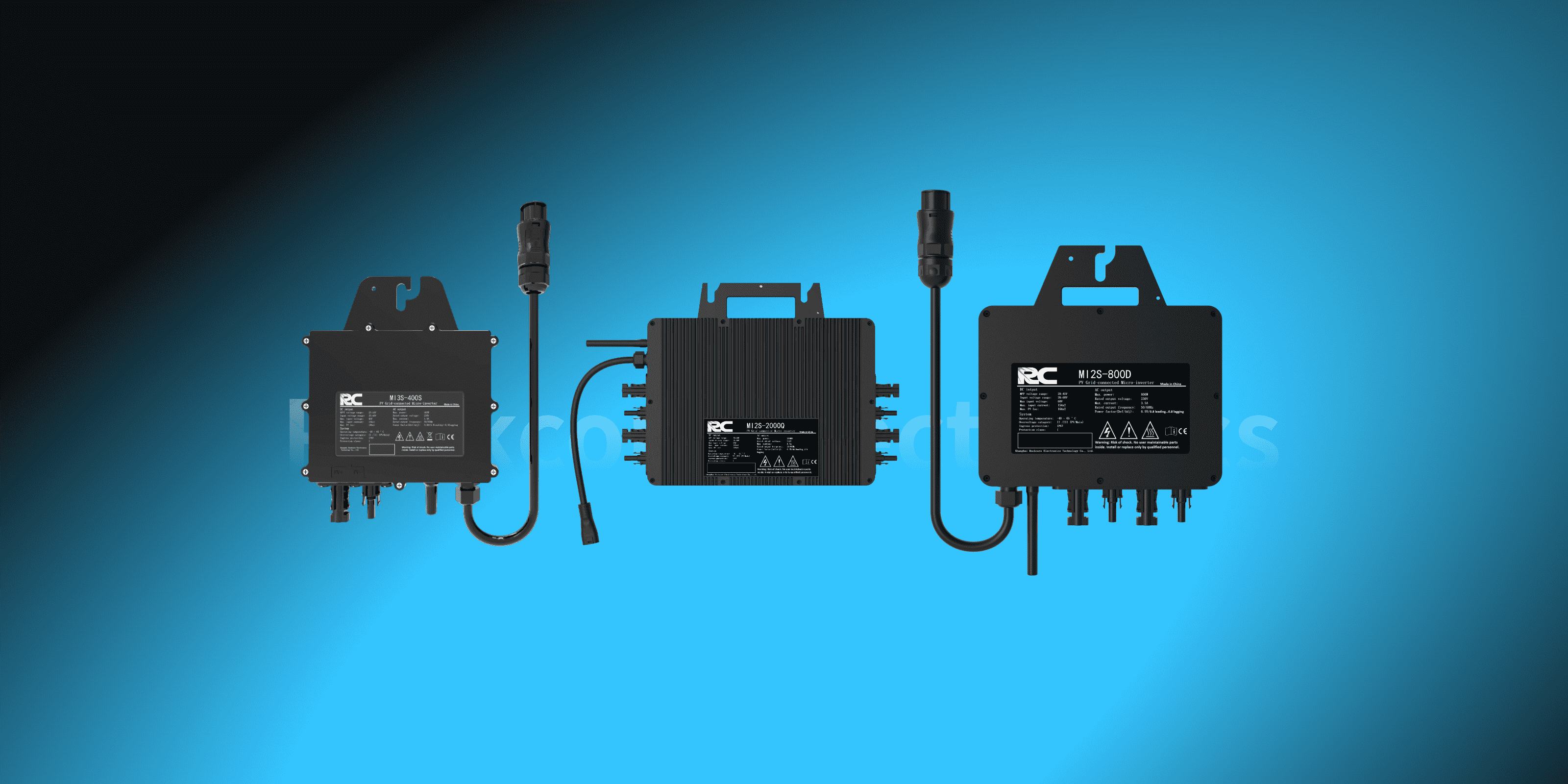 Vor einem faszinierenden blauen Farbverlauf-Hintergrund entfalten die schwarzen Micro-Inverter von RC (400W, 800W, 2000W) ihre außergewöhnliche Effizienz und außergewöhnliche Langlebigkeit und präsentieren die leistungsstarken, modernen Solartechnologien, die nachhaltige und zuverlässige Energie für das moderne Leben bieten.