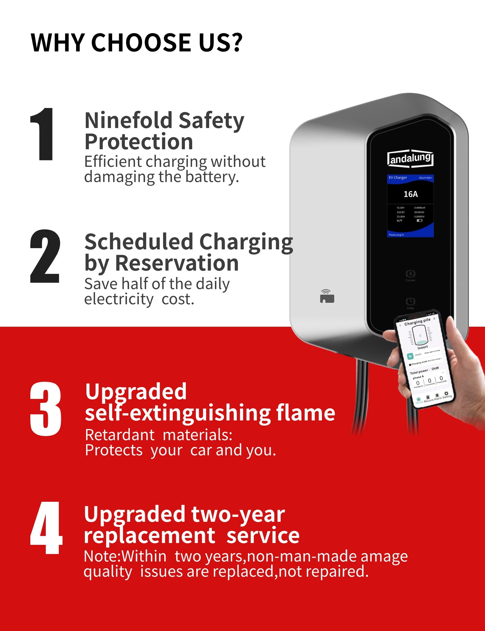 Hier erfahren Sie, warum sich Nutzer für das Andalung 11 kW Wallbox EV-Ladegerät entscheiden: Neunfacher Schutz für ein sicheres und effizientes Laden ohne Schäden an der Batterie; die geplante Ladevorgangsoption spart Ihnen bis zu 50 % Ihrer Stromkosten; verbesserte, selbstverlöschende flammhemmende Materialien bieten umfassenden Schutz für Ihr Fahrzeug und Sie; Zwei Jahre Austauschgarantie bei Qualitätsproblemen ohne menschliches Verschulden.